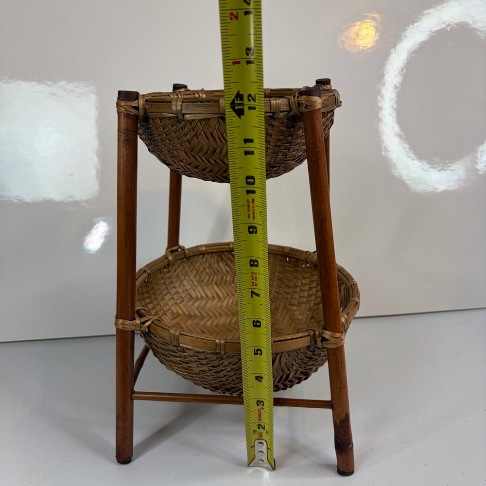 Vintage Rattan 2 Tier Trinket Stand Woven Wicker Tiered Pedestal Basket Decor - Picture 8 of 8